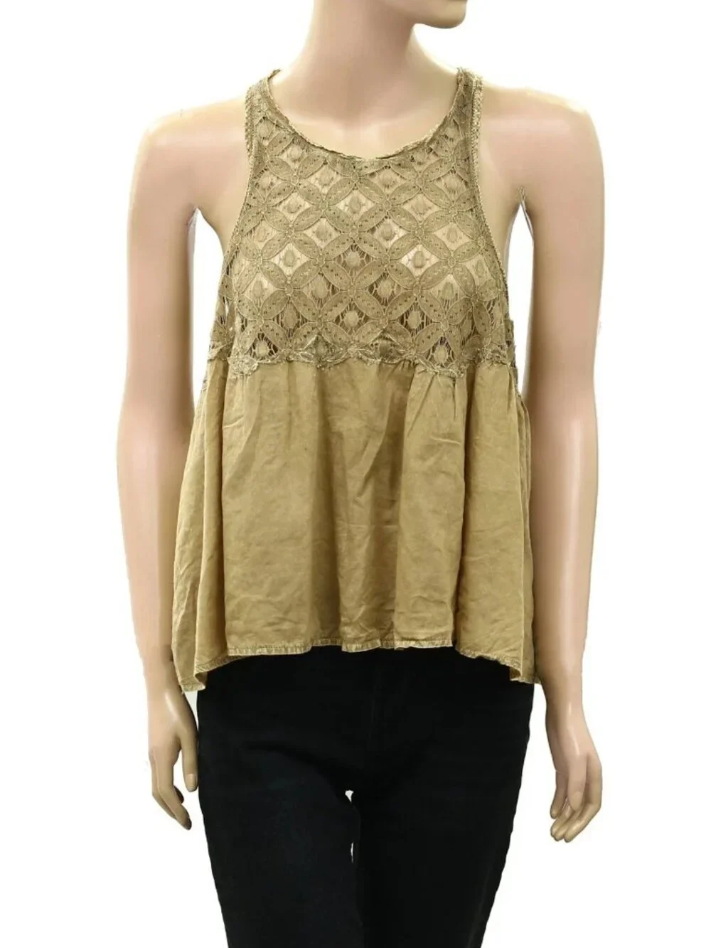 Free People Wandering Light Blouse Top Lace Cutout Tank Green Cotton M 290331